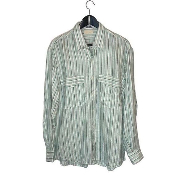 Mr‎ Sid John Rima Vintage Mens Button Down Shirt Long Sleeve Striped Linen Green - Picture 2 of 9